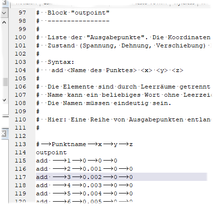 Texteditor mit aus Calc eingefügten Daten. Tabs und Leerzeichen sind sichtbar gemacht.